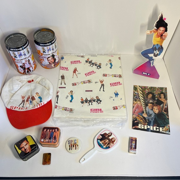 Spice Girls Accessories - Vintage 90s Spice Girls Lot Gift-wrap Postcard Lollipop Tins Hat Mirror Pin Y2k